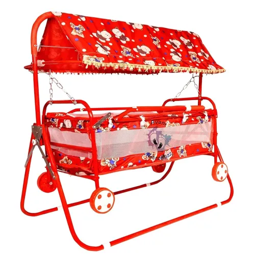 Image of Avani MetroBuzz Baby Cradle with Wheels & Mosquito Net (0-2 Yrs, Cotton, Red)