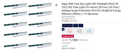 Image of Bajaj 20W Cool Day Light LED Tubelight (Pack Of 10)