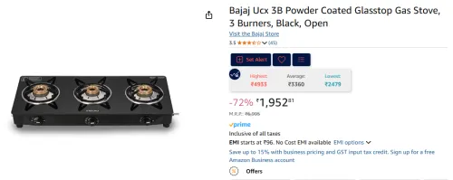 Image of Bajaj 3-Burner Black Glass Stove