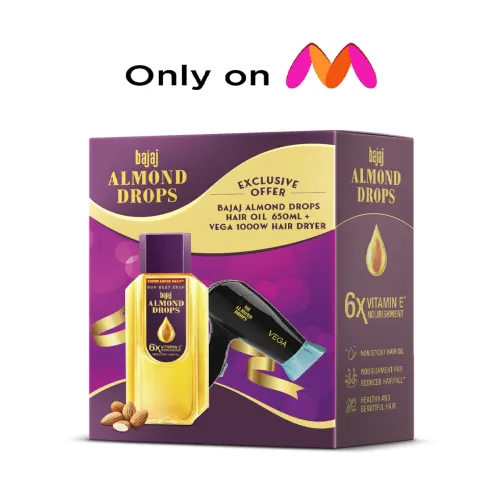Image of BAJAJ CONSUMER CARE Almond Drops Hair Oil 650 ml & Vega 1000W Hair Dryer