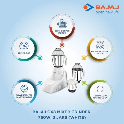 Image of Bajaj GX 8 750 DLX 750W Mixer Grinder with 3 Jars, White