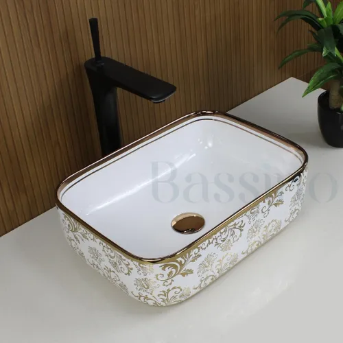 Image of BASSINO Glossy White Gold Ceramic Tabletop Wash Basin