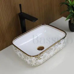 BASSINO Glossy White Gold Ceramic Tabletop Wash Basin