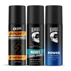 Beardo Sport Energy Deodorant 150ml, Mariner Captain Jack 120ml & Power Perfume Deo 150ml (Set of 3)