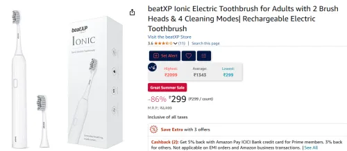 Image of beatXP Ionic Electric Toothbrush (2 Brush Heads, 4 Modes, Rechargeable)