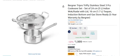 Image of Bergner Tripro TriPly Stainless Steel 3 Pcs Cookware Set