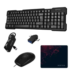 Bestor 5-in-1 Combo Set: Wired Keyboard, Mouse, Mouse Pad, Type-C OTG & 4-Port USB Hub
