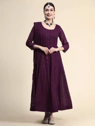 Image of BLACK SCISSOR Women's Embroidered Georgette Anarkali Kurta with Attached Dupatta