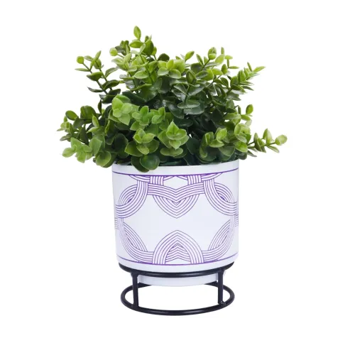 Image of BonKaso Metal Pot White with Round Stand Leaf 