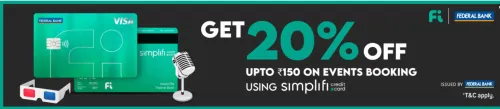 Image of BookMyShow Offer: Save 20% off up to ₹150 on Events Booking using SimpliFi Credit Card