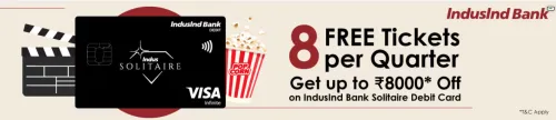 Image of BookMyShow Offer: Buy 1 ticket and Get 1 Free up to ₹1000 on Movies with IndusInd Bank Solitaire Debit Card