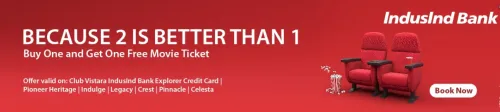 Image of BookMyShow Offer: Buy 1 Get 1 Movie Ticket, Food & Event Discounts with IndusInd Bank Credit Cards