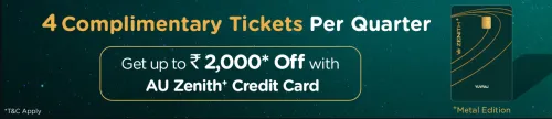 Image of BookMyShow Offer : Buy 1 ticket and Get 1 Free upto ₹500 with AU Zenith+ Credit Card