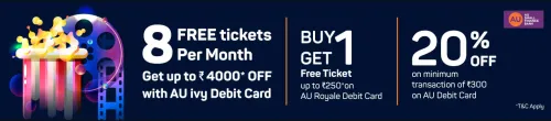 Image of BookMyShow Offer: Buy 1 ticket and Get 1 Free upto ₹500 with AU ivy Debit Card