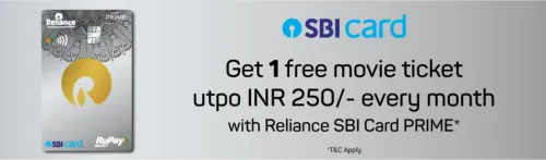 Image of BookMyShow Offer: Get 1 Free movie ticket upto ₹250 every month with Reliance SBI Card PRIME