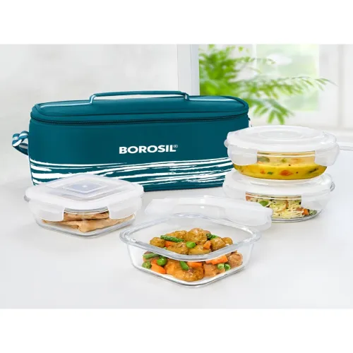Image of BOROSIL 4 Pieces Teal Blue & Transparent Glass Lunch Box With Bag
