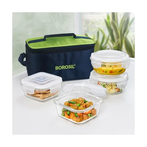 Image of Borosil Alfa Glass Lunch Box Green, Set of 4