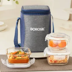BOROSIL Alora Borosilicate Glass Lunchbox 3pc Set Office Tiffin 3 Containers