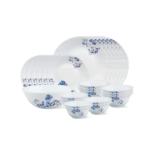 Image of Borosil Fluted Cascade Floral Opalware Dinner Set, (25-Pieces, White).