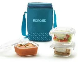 BOROSIL Teal Lunch Box with Bag, 3 Pc (320 ml x 3 Square)