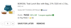 BOROSIL Teal Lunch Box with Bag, 2 Pc