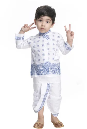 Image of Boys White Dhoti & Kurta Set