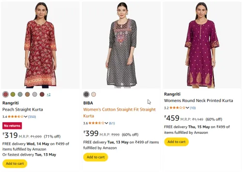 Image of Bramded Women's Cotton Straight Kurta Starting Price At @ ₹319