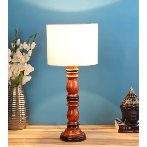 Image of tu casa Off White Cotton Flex Shade with Brown Mango Wood Base Table Lamp