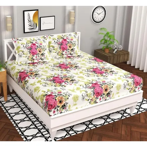 Image of BSB HOME Microfiber Floral Double Bedsheet – 144 TC, White Green Pink