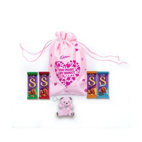 Image of Cadbury Dairy Milk Silk Special Assorted Valentine's Chocolates Potli Gift Pack with Teddy keychain, 232 g