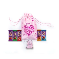 Cadbury Dairy Milk Silk Special Assorted Valentines Chocolates Potli Gift Pack with Teddy keychain, 232 g