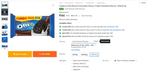 Image of Cadbury Oreo Biscuit Chocolate Flavour Cream Sandwich Biscuit (459.25 g)