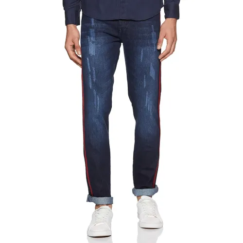 Image of Campus Sutra Men's Classic Blue Dark-Washed Distressed Side Striped Regular Fit Denim Jeans