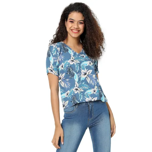 Image of Campus Sutra Women's Blue Botanical Print Top for Casual Wear