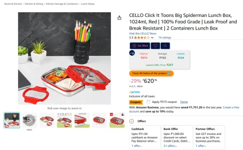 Image of CELLO Click It Toons Big Spiderman Lunch Box, 1024ml, Red