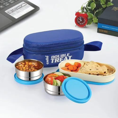 Image of CELLO Double Treat Lunch Box with Insulated Fabric Jacket (Blue)