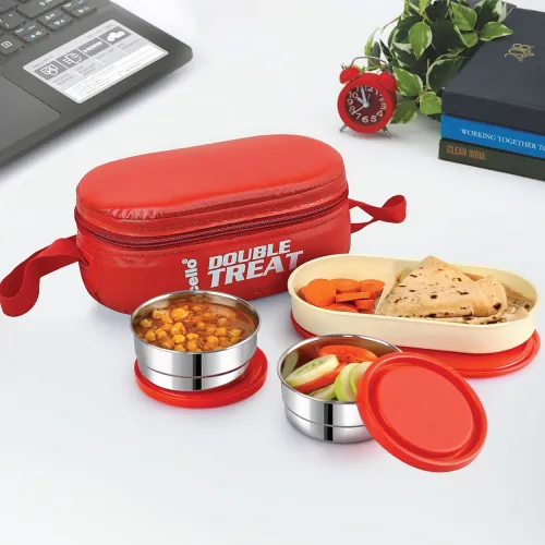 Image of CELLO Double Treat Lunch Box with Insulated Fabric Jacket (Red)