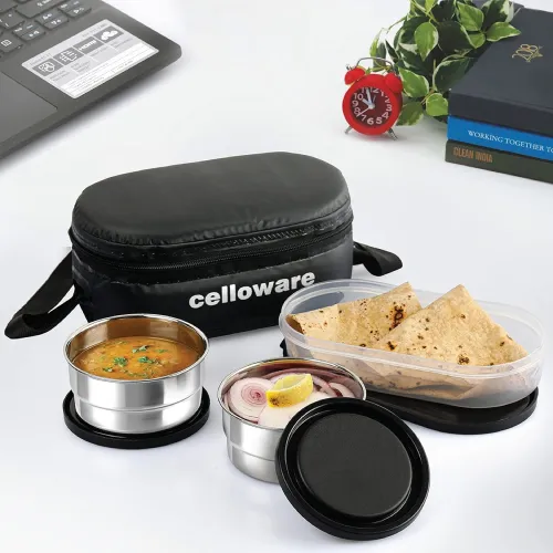 Image of CELLO Double Treat Lunch Box with Insulated Fabric Jacket, Black