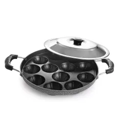 CELLO Non-Stick 12 Cavity Grill Appam Patra 2 Side Handle with Stainless Steel Lid