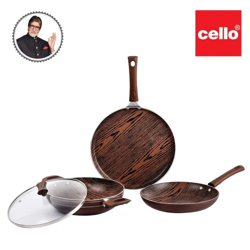 Image of Cello Aluminium Induction Base Non-Stick Cookware Set, Brown, Woody.