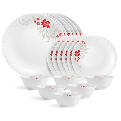 Image of Cello Opalware Dazzle Series Scarlet Bliss Dinner Set 18 Units Serving for 6 | Bone Ash-Free | Lightweight, Elegant Whit