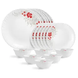 Cello Opalware Dazzle Series Scarlet Bliss Dinner Set 18 Units Serving for 6 | Bone Ash-Free | Lightweight, Elegant Whit