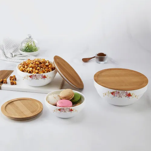 Image of CELLO Opalware Royale Mixing Bowl Set with Bamboo Lid - Fabula 500ml, 1000ml, 1500ml, White, 3 Units.
