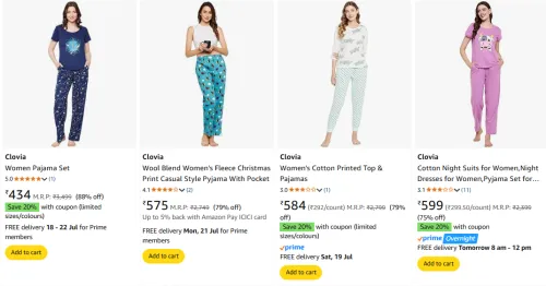 Image of Clovia Women Pajama Set at minimum 75% Discount