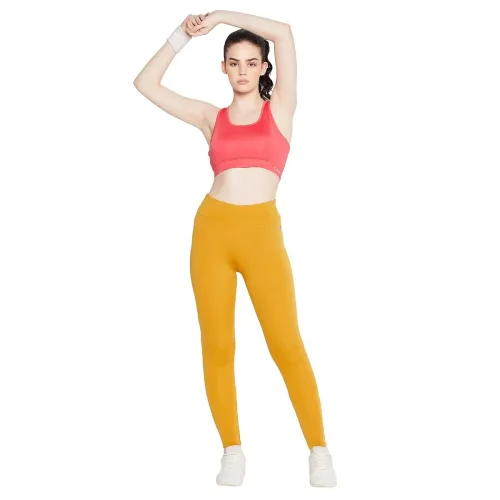 Image of Clovia Women's Snug Fit Active High-Rise Full-Length Tights in Yellow