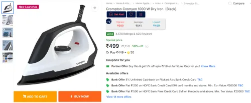 Image of Crompton Cromyon 1000 W Dry Iron