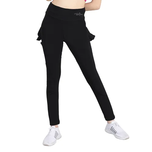 Image of D'Chica Solid Sports Leggings with Side Pockets & Ruffles for Womens