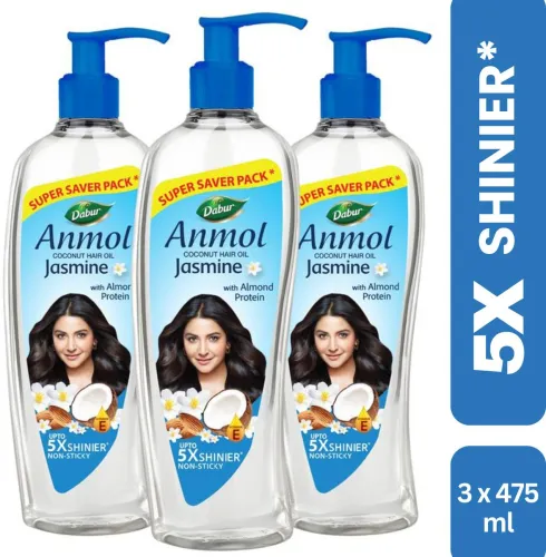 Image of Dabur Jasmine Coconut Oil -475ml x Pack of 3 |Nariyal Tel |Vitamin E |Non-Sticky Hair Oil (1425 ml)
