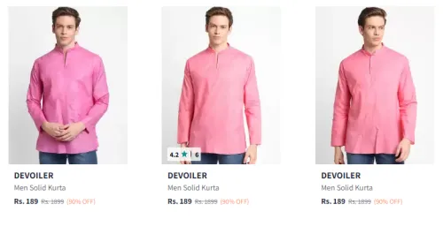 Image of DEVOILER Men Pink Solid Kurta Flat 90% Discount