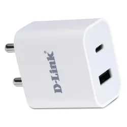 D-Link 20W Dual Port Fast Charger Type-C & USB-A for All Mobiles Phones .Compact Size & Easy to Carry. - White